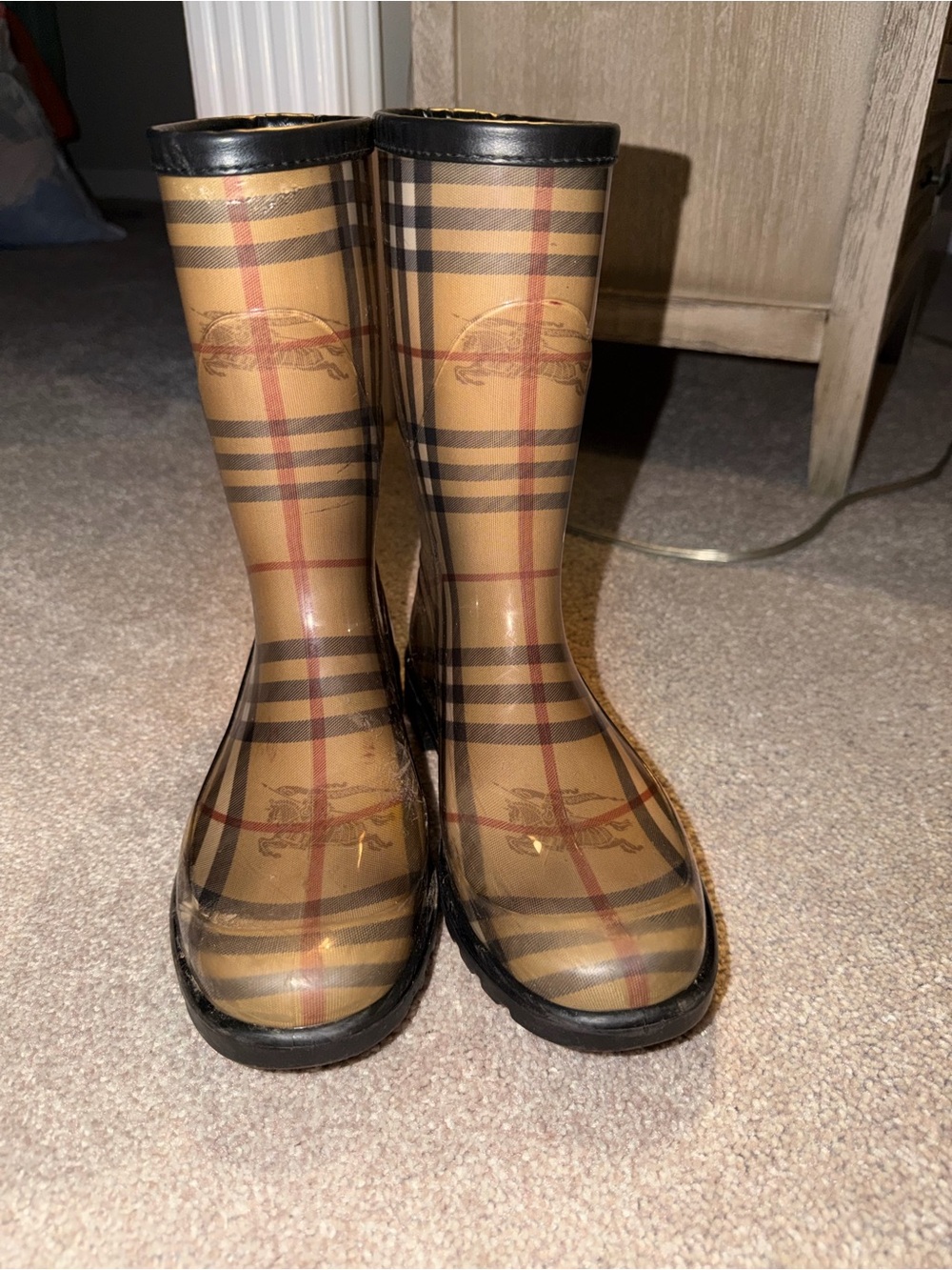 Burberry Tan Plaid Glossy Rain Boots with Black Trim